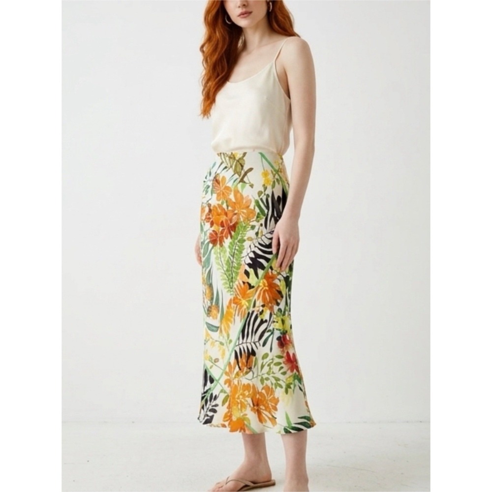 (B21/5)Karen Kane Size L Bias Cut Midi Skirt Tropical Print